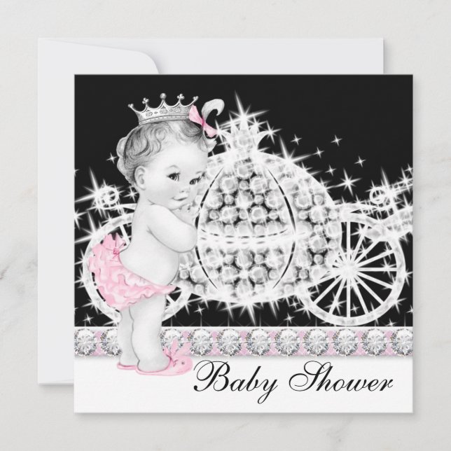 Convites Chuva de Bebê Princesa Rosa Cavalo e Carruagem (Frente)
