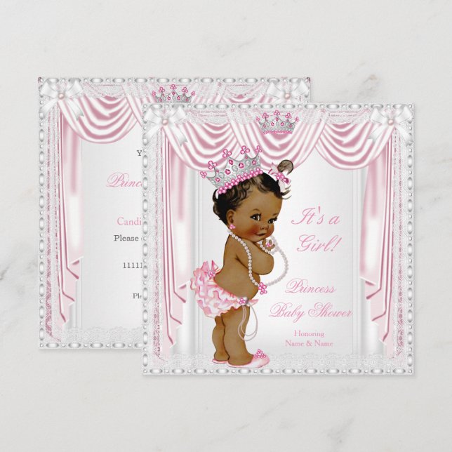 Convites Chuva de Bebê Princesa Rosa Cetim Renda Pele Moren (Frente/Verso)