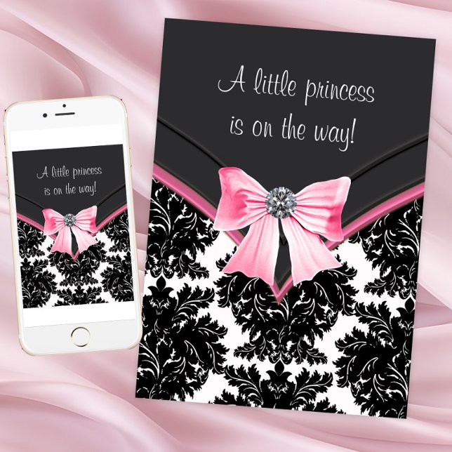 Convites Chuva de Bebê Princesa Rosa Damasco Preto (Pink and black damask baby shower invitation. Change all text. Download and printed available.)
