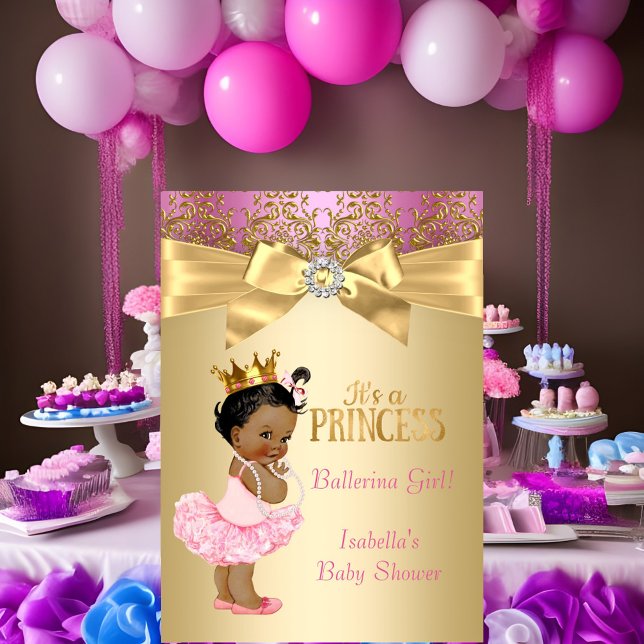 Convites Chuva de Bebê Princesa Rosa Dourado Bailarina Étni (Criador carregado)