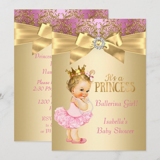Convites Chuva de Bebê Princesa Rosa Dourado Bailarina Loir (Frente/Verso)