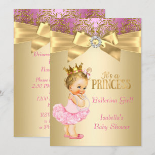 Convites Chuva de Bebê Princesa Rosa Dourado Bailarina Loir