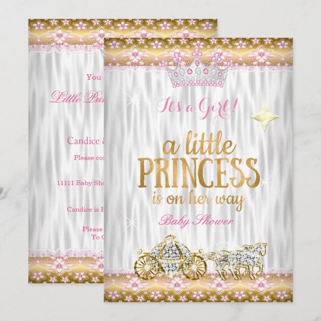 Convites Chuva de Bebê Princesa Rosa Dourado Branco Carruag (Frente/Verso)