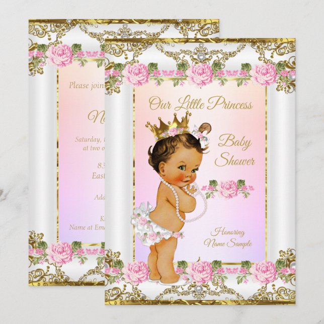 Convites Chuva de Bebê Princesa Rosa Dourado Branco Morena (Frente/Verso)