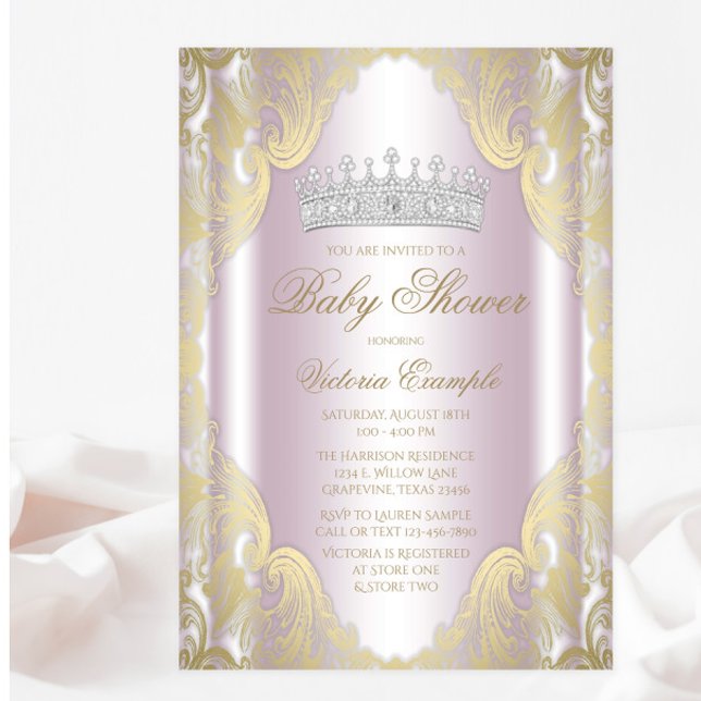 Convites Chuva de Bebê Princesa Rosa Dourado Chique (You can change all text as needed for your event.)