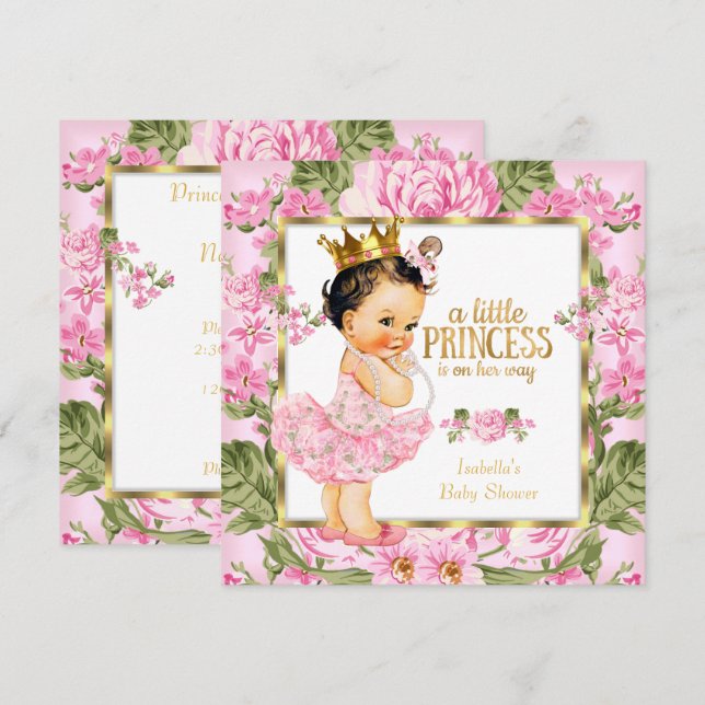 Convites Chuva de Bebê Princesa Rosa Dourado Floral (Frente/Verso)