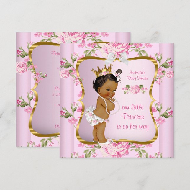 Convites Chuva de Bebê Princesa Rosa Dourado Floral Étnico (Frente/Verso)