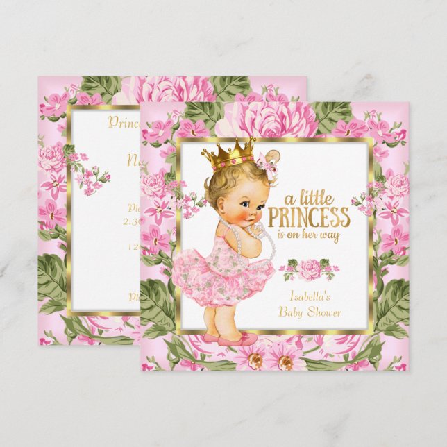 Convites Chuva de Bebê Princesa Rosa Dourado Floral Loira (Frente/Verso)