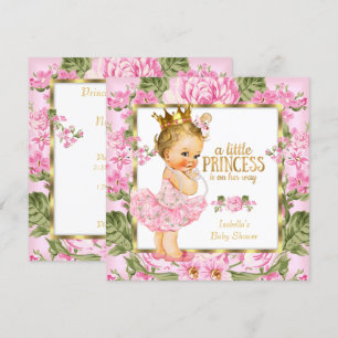 Convites Chuva de Bebê Princesa Rosa Dourado Floral Loira