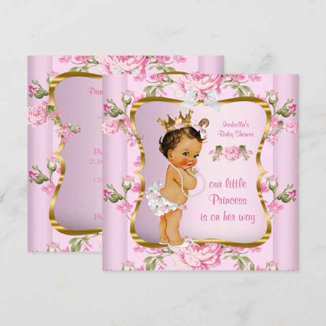 Convites Chuva de Bebê Princesa Rosa Dourado Floral Morena (Frente/Verso)