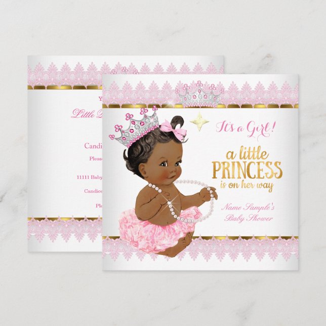 Convites Chuva de Bebê Princesa Rosa Dourado Menina Étnica (Frente/Verso)