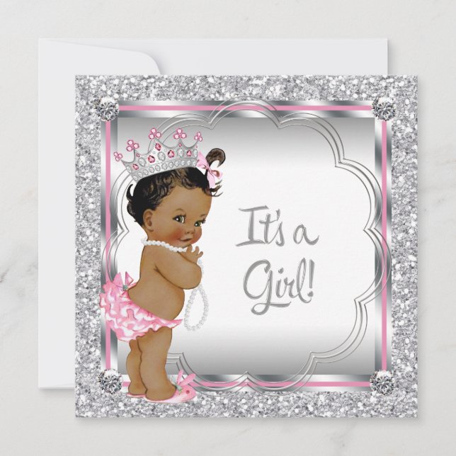 Convites Chuva de Bebê Princesa Rosa Étnica Afro-Americana (Frente)