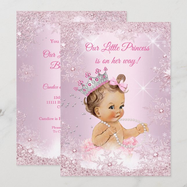 Convites Chuva de Bebê Princesa Rosa Floco de Neve Inverno (Frente/Verso)