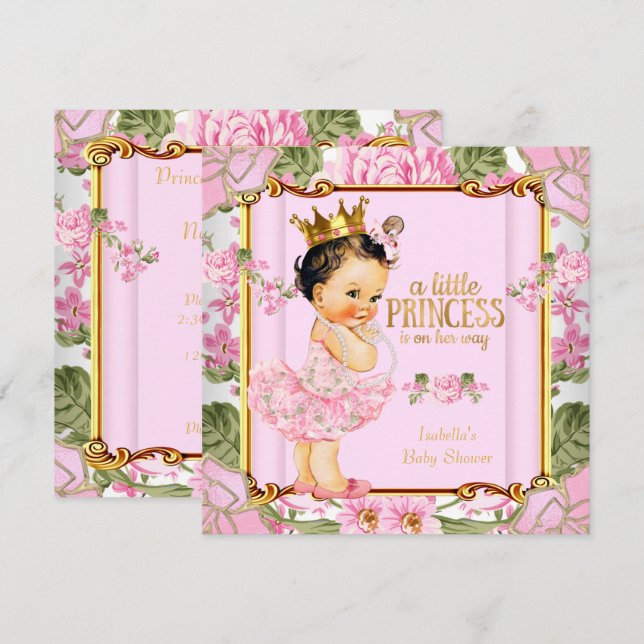 Convites Chuva de Bebê Princesa Rosa Floral Morena (Frente/Verso)