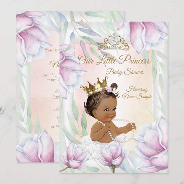 Convites Chuva de Bebê Princesa Rosa Lilás Floral Étnico (Frente/Verso)