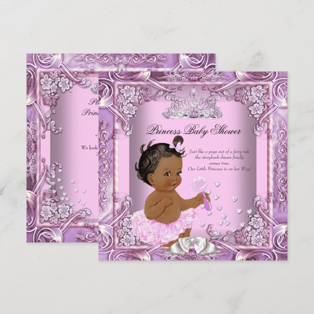 Convites Chuva de Bebê Princesa Rosa Lilás Tutu Étnico (Frente/Verso)