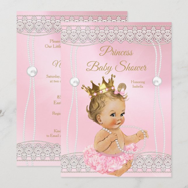 Convites Chuva de Bebê Princesa Rosa pérola laço loira (Frente/Verso)