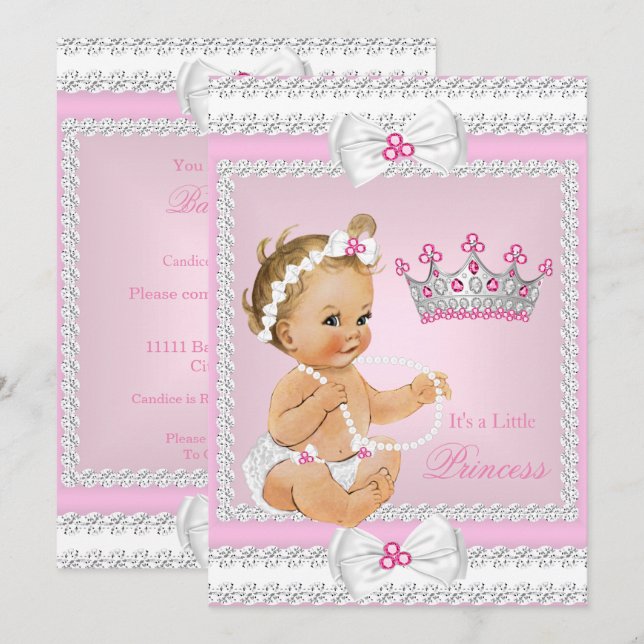Convites Chuva de Bebê Princesa Rosa Pérolas Brancas Laços  (Frente/Verso)