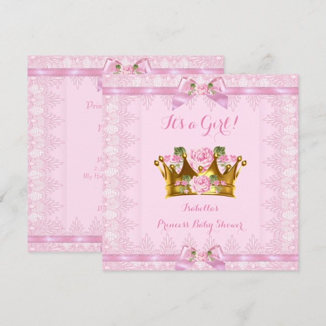 Convites Chuva de Bebê Princesa Rosa Pink Laço de Renda (Frente/Verso)