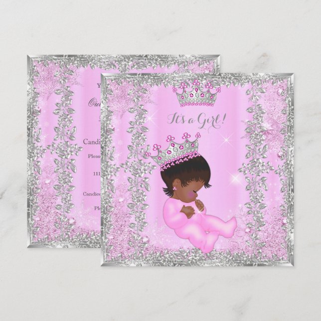 Convites Chuva de Bebê Princesa Rosa Prata Afro-Americana (Frente/Verso)