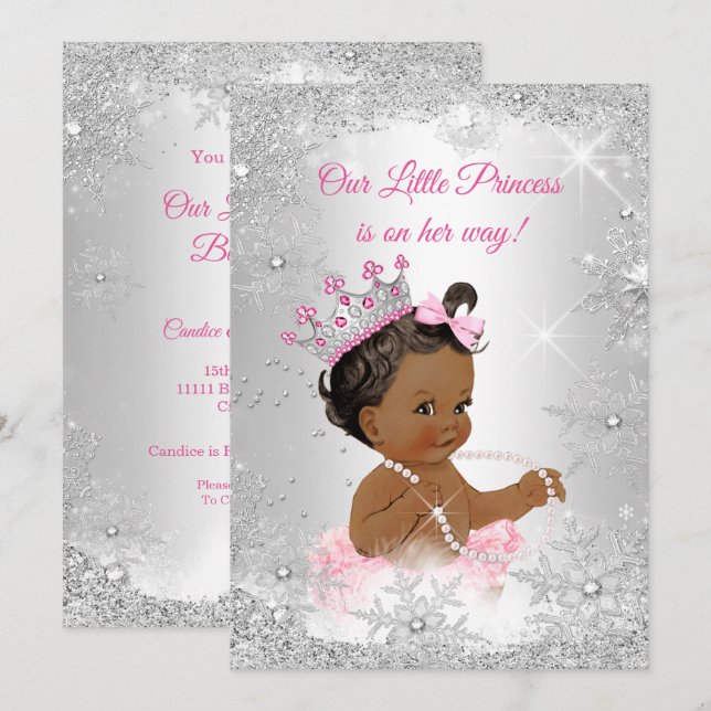 Convites Chuva de Bebê Princesa Rosa Prata Inverno Étnico (Frente/Verso)