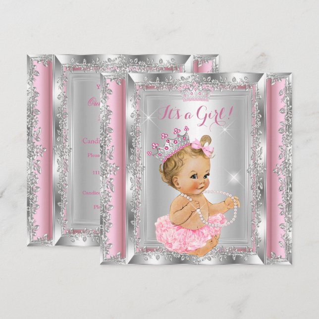Convites Chuva de Bebê Princesa Rosa Prata Tutu Loira (Frente/Verso)