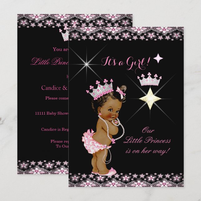 Convites Chuva de Bebê Princesa Rosa Preto Tiara Étnico (Frente/Verso)