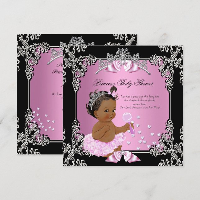 Convites Chuva de Bebê Princesa Rosa Preto Tutu Étnico (Frente/Verso)