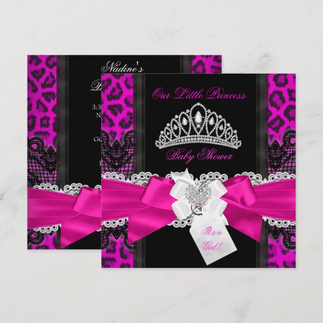 Convites Chuva de Bebê Princesa Rosa Quente Menina Leopardo (Frente/Verso)