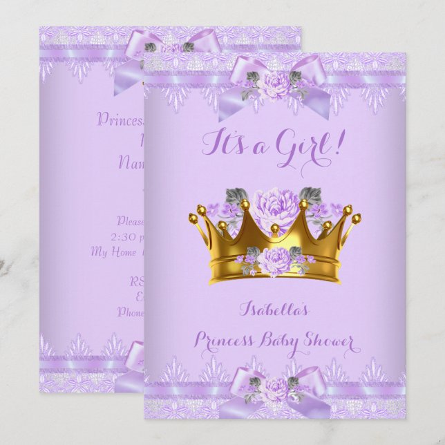 Convites Chuva de Bebê Princesa Rosa Roxa Lavanda Renda (Frente/Verso)