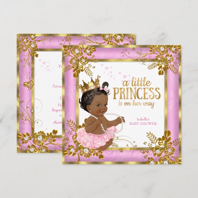 Convites Chuva de Bebê Princesa Rosa Tutu Floral Étnico (Frente/Verso)