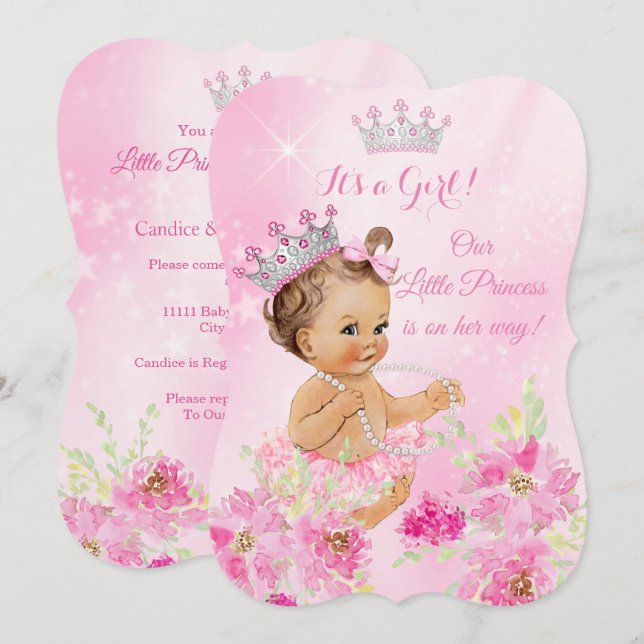 Convites Chuva de Bebê Princesa Rosa Tutu Floral Morena (Frente/Verso)