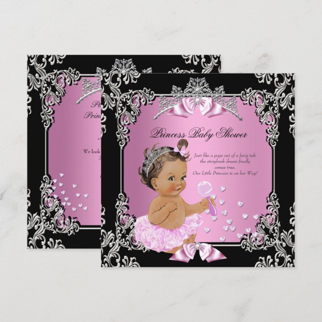 Convites Chuva de Bebê Princesa Rosa Tutu Preto Morena (Frente/Verso)