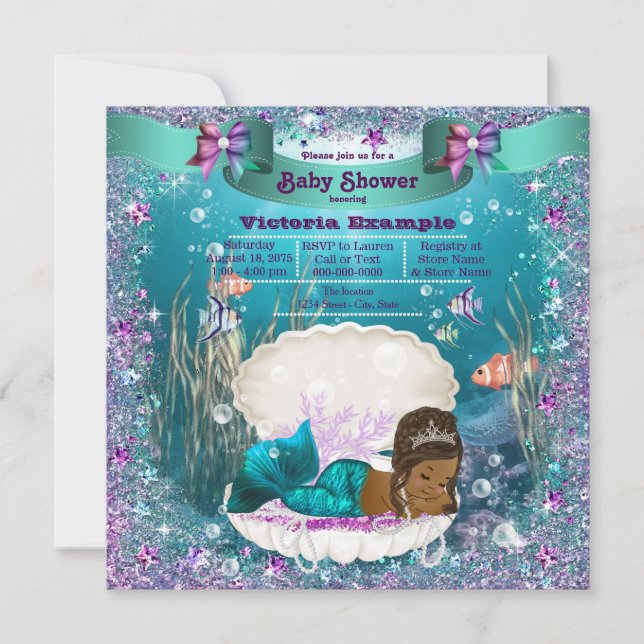 Convites Chuva de Bebê Princesa Sereia Afro-Americana (Frente)