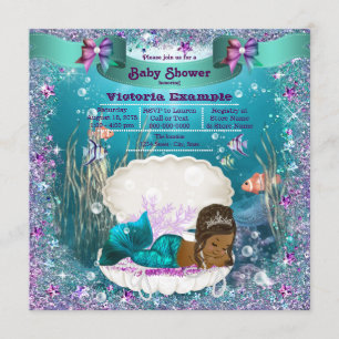 Convites Chuva de Bebê Princesa Sereia Afro-Americana