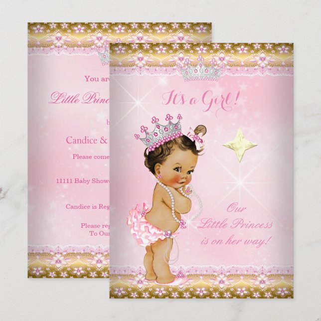 Convites Chuva de Bebê Princesa Tiara de Renda Rosa Dourada (Frente/Verso)