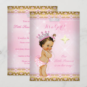 Convites Chuva de Bebê Princesa Tiara de Renda Rosa Dourada