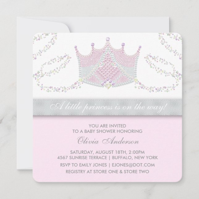 Convites Chuva de Bebê Princesa Tiara Rosa Cinza (Frente)