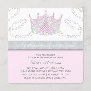 Convites Chuva de Bebê Princesa Tiara Rosa Cinza