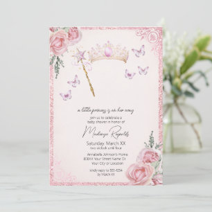Convites Chuva de Bebê Princesa Tiara & Varinha Brilho Rosa