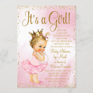 Convites Chuva de Bebê Princesa Tutu Rosa Dourado Loira