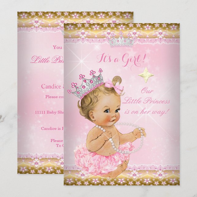 Convites Chuva de Bebê Princesa Tutu Rosa Tiara Dourada Loi (Frente/Verso)