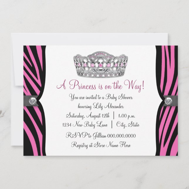 Convites Chuva de Bebê Princesa Zebra Rosa Quente Preto (Frente)