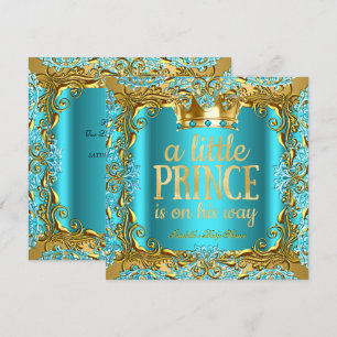 Convites Chuva de Bebê Príncipe a caminho Dourado Teal Aqua