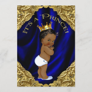 Convites Chuva de Bebê Príncipe Afro-Americano Azul e Doura