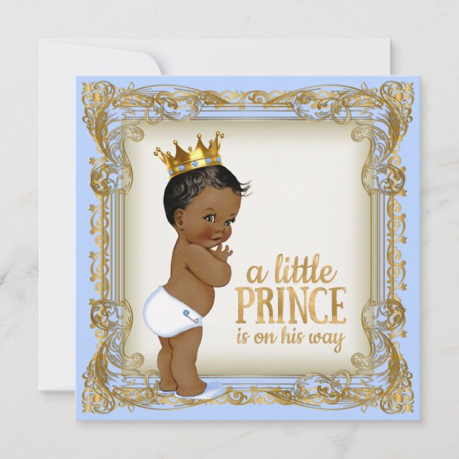 Convites Chuva de Bebê Príncipe Afro-Americano Bebê Azul (Frente)