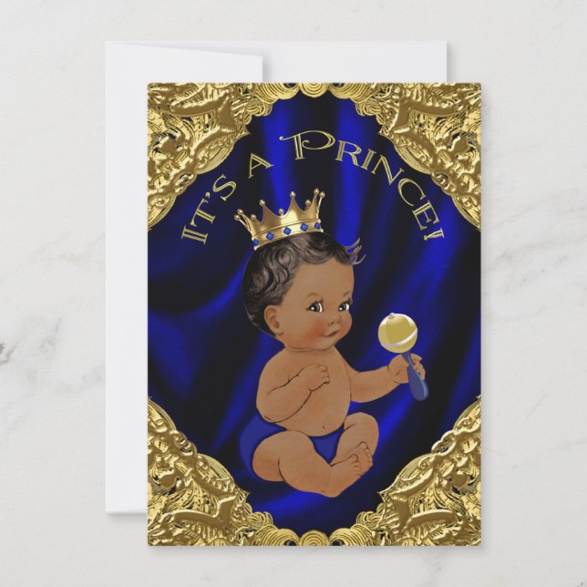 Convites Chuva de Bebê Príncipe Afro-Americano Blue Gold (Frente)