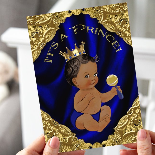 Convites Chuva de Bebê Príncipe Afro-Americano Blue Gold (Criador carregado)