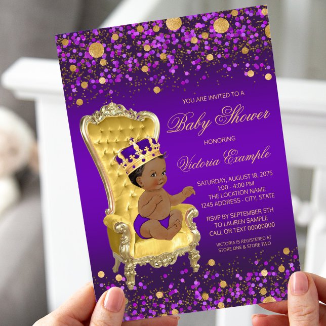 Convites Chuva de Bebê Príncipe Afro-Americano Dourado Roxo (Criador carregado)