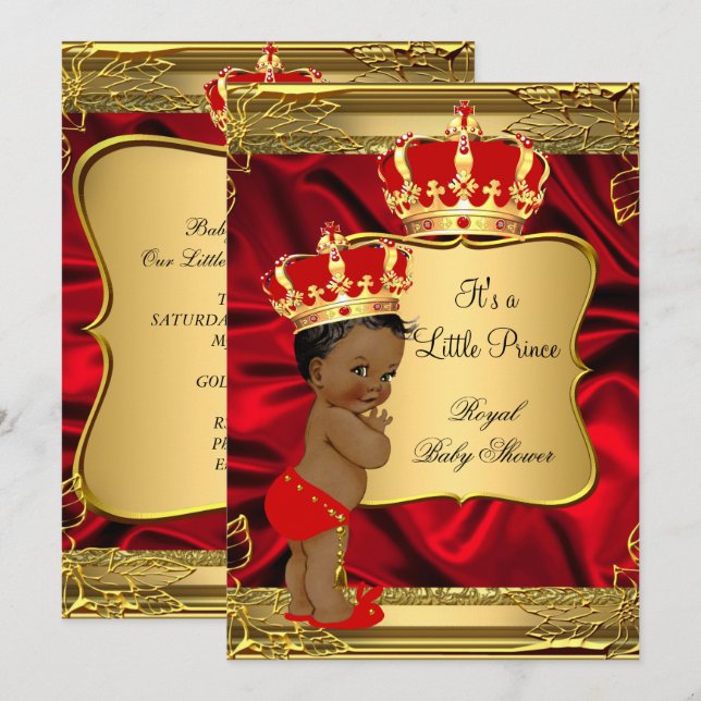 Convites Chuva de Bebê Príncipe Afro-Americano Dourado Verm (Frente/Verso)